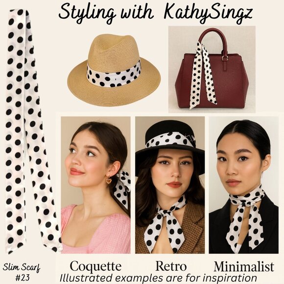 Polka Dot Slim Silk Scarf 34in White Black Retro Coquette Pinup Style No23 - Picture 4 of 8